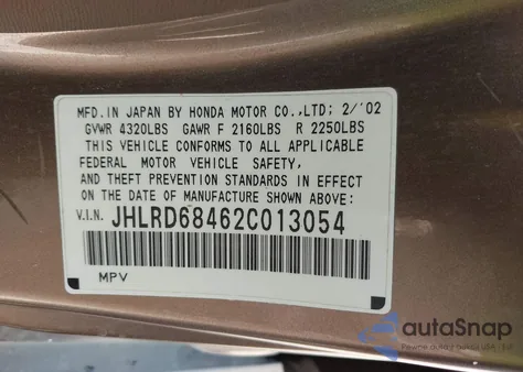 2002 Honda Cr-V Lx z USA, uszkodzony, nr VIN JHLRD68462C013054